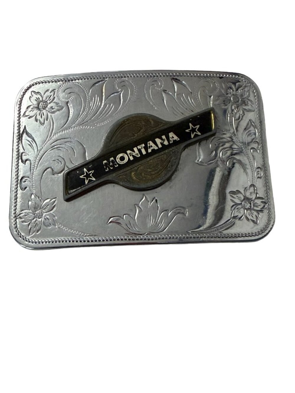 Vintage Montana Western Floral Belt Buckle Silver Tone Black Enamel Cowboy